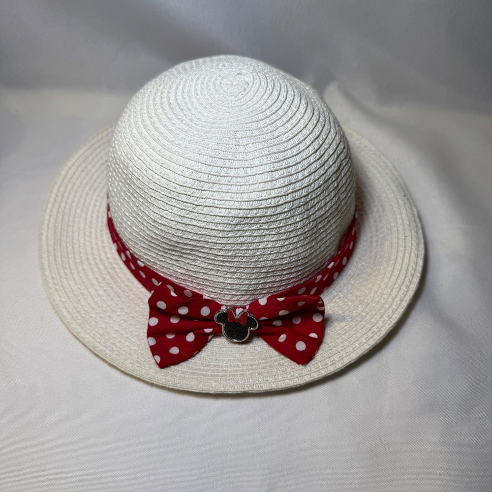 Disney Parks White Straw Hat Red Polka Dot Bow Minnie Mouse Ears‎ Youth 55cm